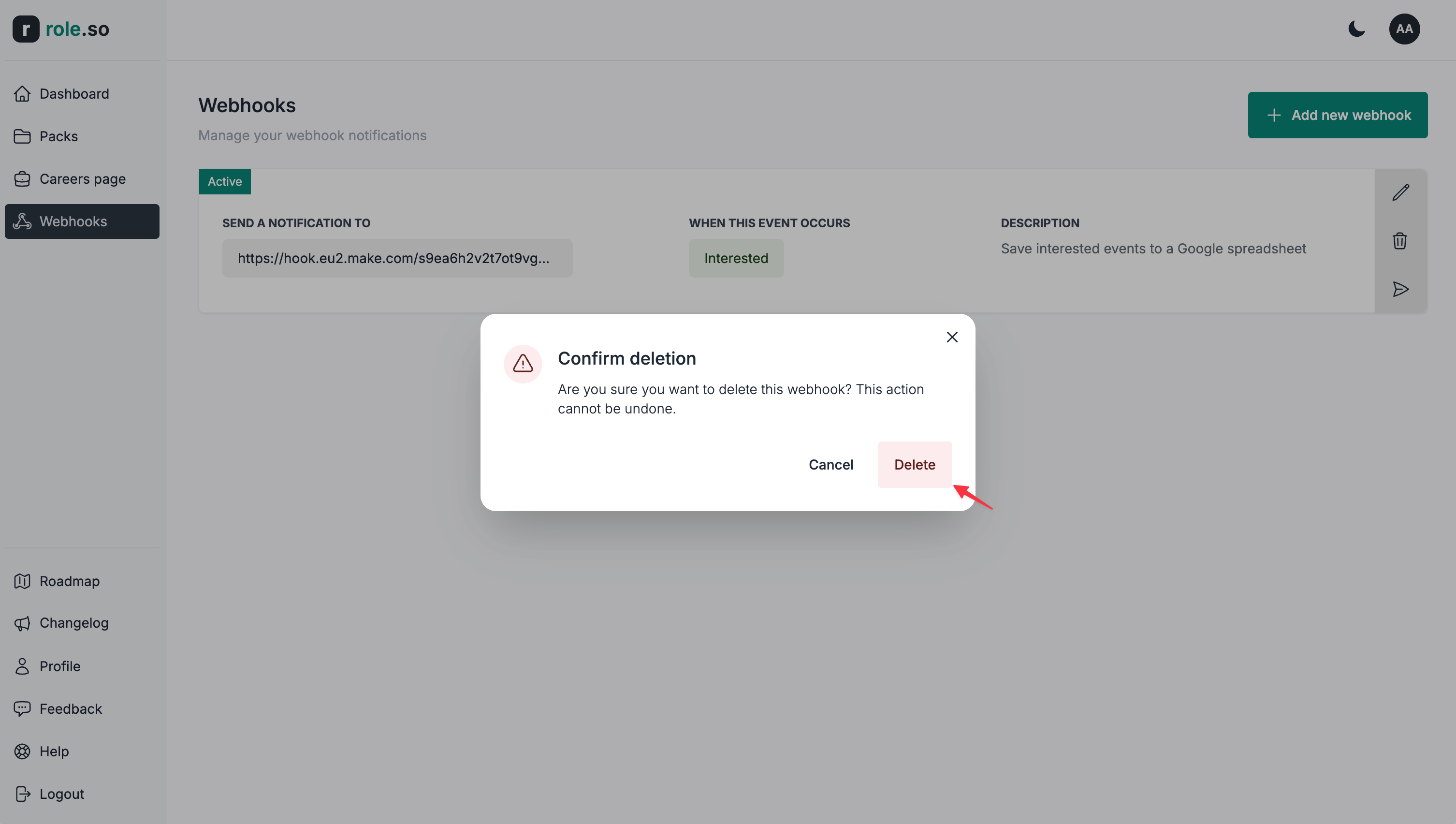 Confirm webhook deletion